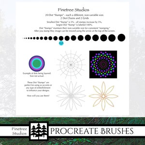 May include: A set of 20 digital Procreate brushes featuring a variety of dot stamps in different sizes. The image shows examples of the stamps being used to create layered patterns and designs.