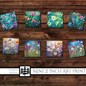 May include: Eight 2 inch square art prints featuring floral designs. The prints are arranged in two rows of four. The top row features stained glass style floral designs in shades of blue, green, and pink. The bottom row features more realistic floral designs in shades of white, pink, yellow, and blue.
