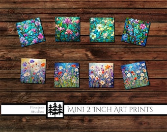 Mini 2 Inch Art Prints ~ Stained Glass & Mosaic Flowers ~ Digital Download ~ Printable / Tiles / Art to Wood / Easel / Magnet / Desk Top Art