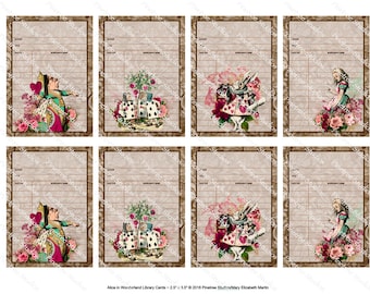 Alice In Wonderland Library Cards (2.5"x 3.5") ~ Digital Download ~ Printable / Journal / Gift Tag / Bookplate / Bookmark / ATC / Ephemera