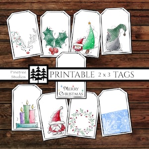 9 Winter Tags (2&quot;x 3&quot;) ~ Digital Download ~ Printable Tags / Reindeer / Holly and Berries / Santa / Wreath / Snowflakes / Candles / Gnome