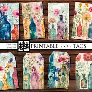 Flowers and Bottles 16 Tags  (2&quot;x 3.5&quot;) ~ With Corners and Trimmed Corners Digital Download~Printable / Label / Gift Tag / Ephemera / Floral