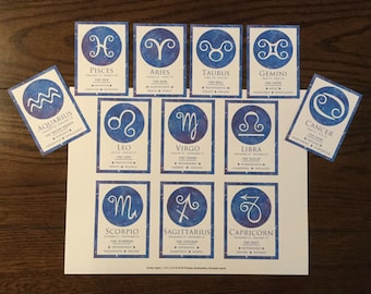 Zodiac Signs Cards (2.5"x 3.5") ~ Digital Download ~ Printable / Journal Cards / Label / Gift Tag / Bookmark / ATC Cards / Ephemera / Zodiac