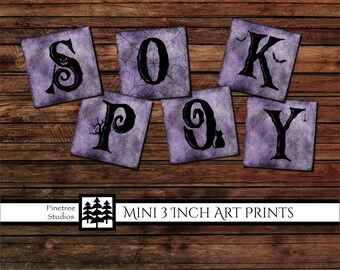 Mini 3 Inch Art Prints ~ Spooky Digital Download ~ Printable / Halloween / Witches Broom / Cat / Bat / Spider Web / Pumpkin / Porch Sign