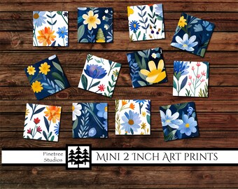 Mini 2 Inch Art Prints ~ Blue Garden Flowers ~ Digital Download ~ Printable / Tiles / Art to Wood / Easel / Magnet / Desk Top Art / Ornament