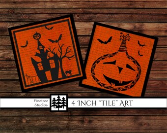 Jack and Haunted House "Tile" Art (4" Square) Digital Download ~ Printable / Pumpkin / Bats / Black Cat / Spooky / Coasters / Wall Art