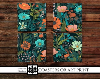 Summer Flowers Coasters or Art Prints (4" Square) Digital PNG File, Instant Download, Sublimation Design, Printable Graphic