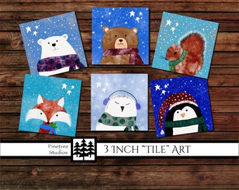 Mini 3 Inch Art Prints ~ Winter Friends Digital Download ~ Printable /  Animals / Snow / Mini Art / Easel / Magnet / Desk Top Art / Ornament
