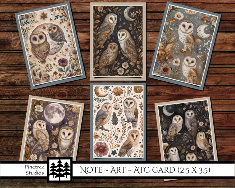 May include: Set of six illustrated art cards featuring owls, moons, and floral designs. Each card measures 2.5 x 3.5 inches. The cards are printed on high-quality cardstock and are perfect for framing or sending as a note.