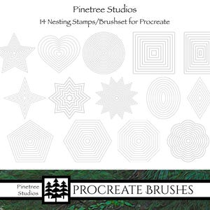 May include: A set of 14 nesting stamps/brushset designs for Procreate, featuring star, heart, circle, square, and other geometric shapes. The image also displays the text "Pinetree Studios" and "Procreate Brushes".