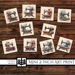 May include: Nine mini 2-inch art prints featuring vintage sewing machines in various colors and floral accents. The prints are arranged on a dark wood background. The text "MINI 2 INCH ART PRINTS" is visible.