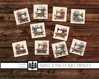 Mini 2 Inch Art Prints ~ Vintage Sewing Machines Art ~ Digital Download ~ Printable / Tiles / Art to Wood / Easel / Magnet / Desk Top Art