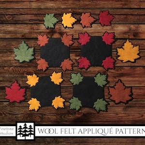 Puede incluir: Patrón de aplique de fieltro de lana con una variedad de formas de hojas de otoño en rojo, naranja, amarillo y verde. El patrón incluye el título "Wool Felt Applique Pattern" y el nombre "Pinetree Studios".