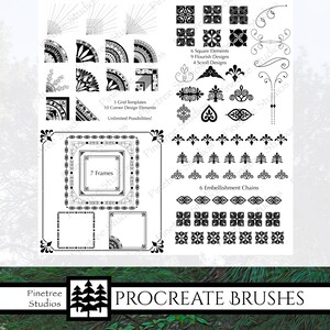 May include: A set of black and white Procreate brushes for digital art. The brushes include frames, embellishments, and grid templates. The text "7 Frames", "3 Grid Templates", "6 Square Elements", "9 Flourish Designs", "4 Scroll Designs", "6 Embellishment Chains", and "Unlimited Possibilities!" is included in the image.