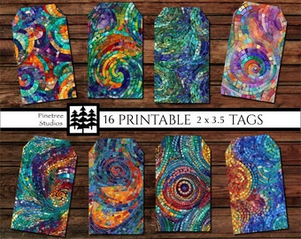 Mosaic Swirls 16 Different Tags  (2"x 3.5") ~ Digital Download ~ Printable / Label / Gift Tag / Ephemera / Mosaic / Bright Colors
