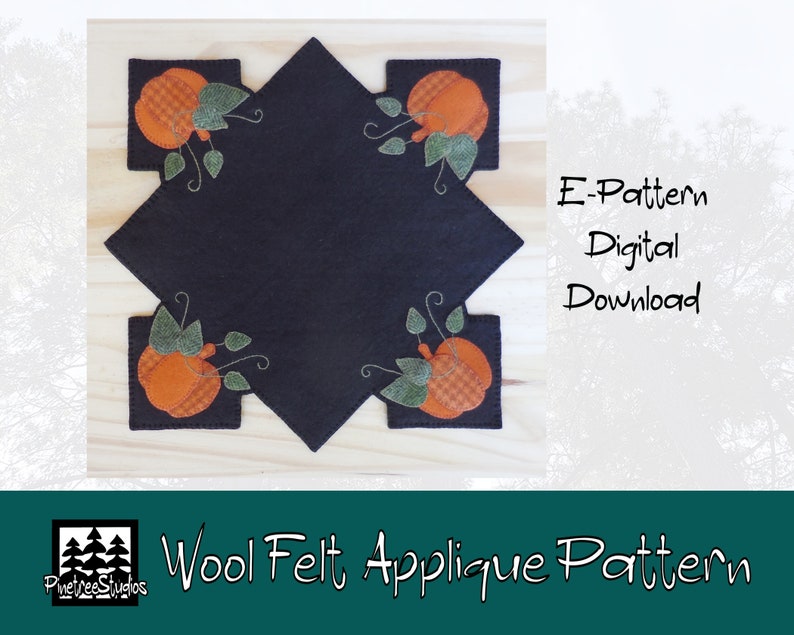 Wool Felt Applique Pattern 4 Corner Pumpkin Penny Rug E-Pattern Digital Download image 1