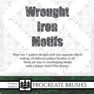 Op de afbeelding: Een digitale illustratie van een set Procreate-penseel met smeedijzeren motieven. De afbeelding bevat de tekst "Wrought Iron Motifs" en "Pinetree Studios". Er zijn 7 patroonontwerpen met twee aparte effecten, wat in totaal 14 verschillende patroonpenseel oplevert. Er zijn ook 6 coördinerende motieven met een bonus motiefvuller-stempel.
