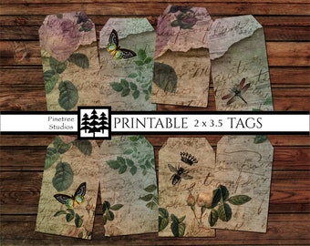 Vintage Rose and Butterfly Tags 16 Different Designs (2"x 3.5") ~Digital Download ~ Printable / Label / Gift Tag / Ephemera/ Butterfly/ Rose