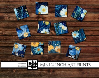 Mini 2 Inch Art Prints ~ Starry Night Flowers ~Digital Download~ Printable / Tiles / Art to Wood / Easel / Magnet / Desk Top Art / Ornament