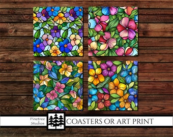 Stained Glass Flowers Coasters or Art Prints (4" Square) Digital PNG File, Instant Download, Sublimation Design, Printable Graphic