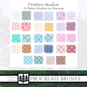 May include: A set of 28 digital pattern brushes for Procreate, featuring a variety of geometric designs in various colors. The brushes are arranged in a grid on a white background. The text "Pinetree Studios" and "PROCREATE BRUSHES" is visible at the top and bottom of the image.