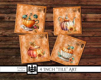 Pumpkin Tea Time "Tile" Art (4" Square) Digital Download ~ Printable / Pumpkin / Autumn / Fall / Tea Cup / Tea Pot / Coasters / Wall Art