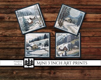 Mini 3 Inch Art Prints ~ Winter Cabin Digital Download ~ Printable /  Cabin / Snow / Mountains / Mini Art / Easel / Magnet / Desk Top Art