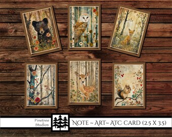 Woodland Animals Cards (2.5"x 3.5") Digital Download~Printable / Junk Journal Card / Label / Tag  / ACEO / Ephemera / Mini Art / Note Cards