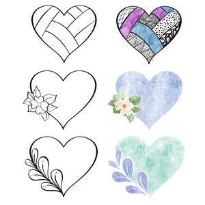 May include: Four heart-shaped designs, two are black and white line drawings, one is a blue and purple watercolor heart with a black and white pattern, and the other is a blue watercolor heart with a white flower.