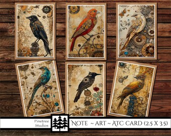 Steampunk Bird ATC Cards (2.5"x 3.5") ~Digital Download~ Printable / Junk Journal Card / Label / Tag / Bookmark / Mini Art / Note Card