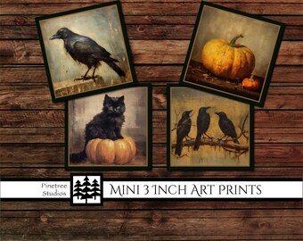 Mini 3 Inch Art Prints ~ Vintage Halloween Digital Download ~ Printable /  Raven / Pumpkin / Mini Art / Easel / Magnet / Desk Top Art / Tile