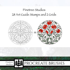Puede incluir: Un conjunto de 28 sellos de guía de arte de Procreate y 2 cuadrículas para crear diseños florales. La imagen muestra un contorno en blanco y negro de un diseño floral con una superposición de cuadrícula, y una versión coloreada del diseño con flores rojas y hojas verdes.