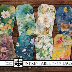 Spring Watercolor Flowers 16 Different Tags  (2&quot;x 3.5&quot;) ~ Digital Download ~ Printable / Label / Gift Tag / Ephemera