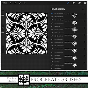 May include: A screenshot of a digital art app showing a black and white pattern with a decorative fan brush set. The brush set includes a variety of decorative fan brushes, including a fan with dots and grid, a garden design fan, a nature set fan, a design element fan, a succulent fan, a grid template fan, a mandala temple fan, a bird fan, a blob animal fan, a medallion stamp fan, and a damask art fan.