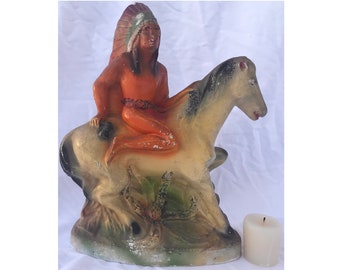 Antique Rustic Old West Chalkware Statue of Native American and Horse (11 in)