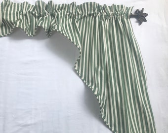Vintage Green and White Stripe Jabot Valance | Classic Traditional Window Treatment | Tailored Cottage Curtain