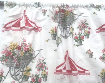 Vintage Cottagecore Linen Curtain Panel Floral Cart Wheel Print 34x24.5 Kitchen Cafe Window