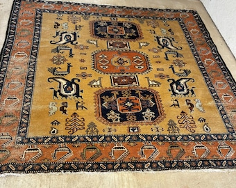 Vintage Handwoven Wool Rug 7x9 Tribal Geometric Area Rug Boho Caucasian Persian Style Carpet