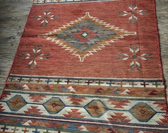 Vintage Reversible Wool Flatweave Rug 4x6 Southwestern Kilim | Handwoven Santa Fe Style Accent Rug