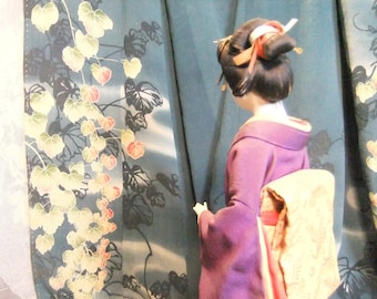 Antique Kimono. 1930's Japanese Furisode, Hand-painted Kimono, Antique Silk Crepe, Prewar Teal Kimono