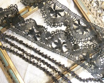 Antique Trims, Victorian Beaded Trim, Nottingham Lace, Black Mourning Lace, 9 Total Yards Antique Trims