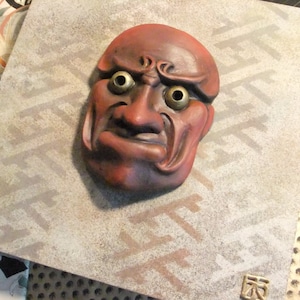 Japanese Mask, Wall Mask, Red Demon, Noh Mask, Red Devil, Handmade Mask, Mixed Media Art