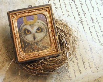 Owl Drawing, Talisman, Union Case, Original Owl Art, Mixed Media Art, Barn Owl, Spirit Animal