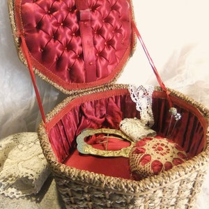 Antique Sewing Basket, Tufted Silk, Napoleon III Style, Victorian Basket, Antique Pin Cushion