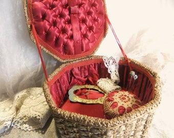 Antique Sewing Basket, Tufted Silk, Napoleon III Style, Victorian Basket, Antique Pin Cushion
