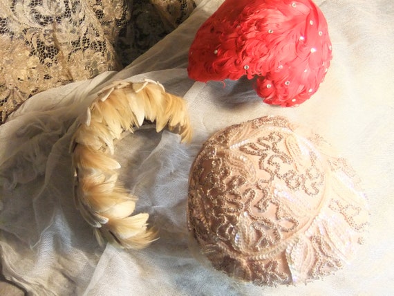 1950's Cocktail Hats, Feathered Hats, Three Vintag