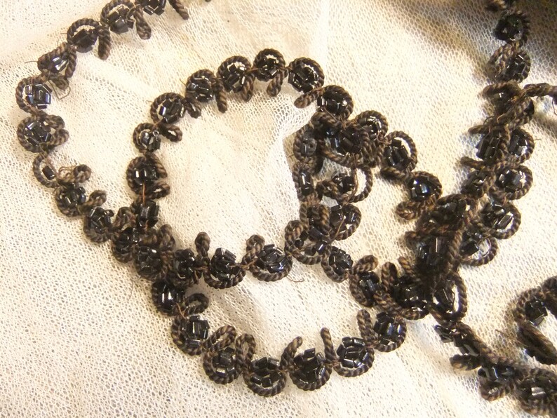 Antique Trims, Victorian Beaded Trim, Nottingham Lace, Black Mourning Lace, 9 Total Yards