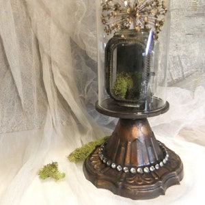 Vintage Glass Cloche Display: Copper Pedestal with Rhinestones
