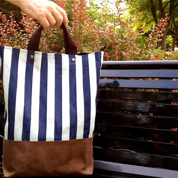 The Bernie: Striped Denim and Waxed Canvas Tote