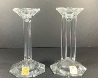 Vintage BLEIKRISTALL CRYSTAL CANDLEHOLDERS  24% Lead Crystal Germany Double Column Candlestick Marc Aurel Hexagon Collectables (Set of 2)